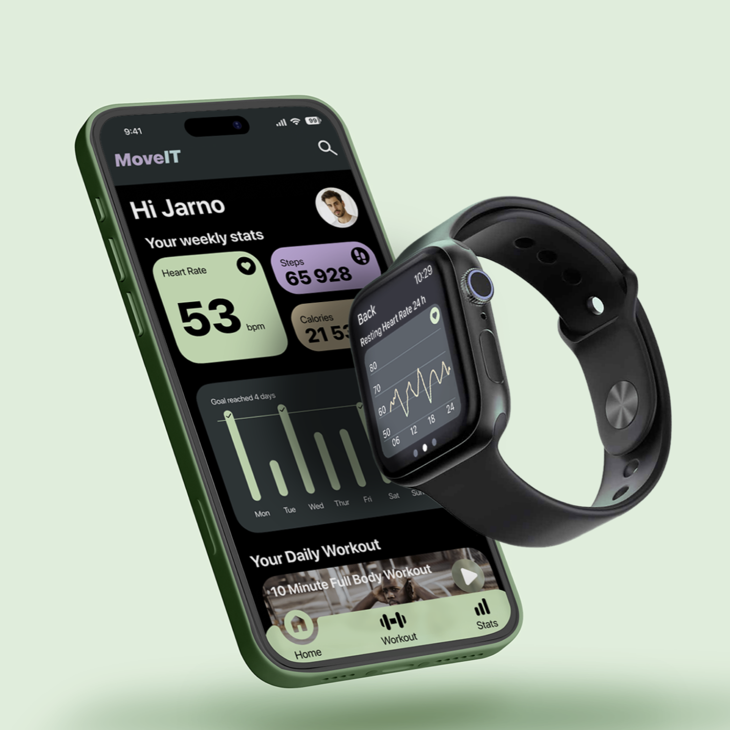 Image of a phone and smartwatch both using MoveIT app